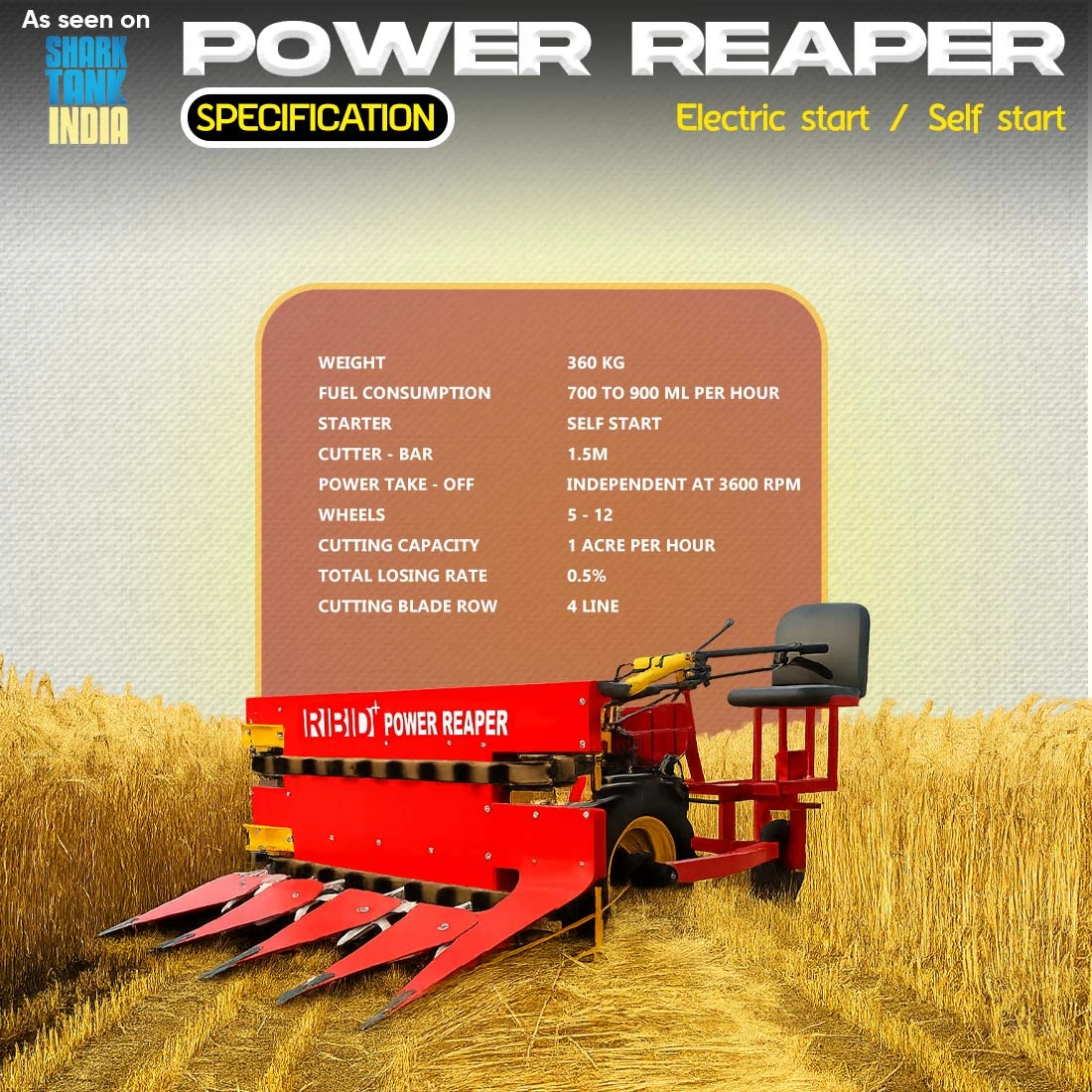 RBD Self Start Power Reaper 10 HP With Seat RBD Self Start Power Reaper 10 HP With Seat