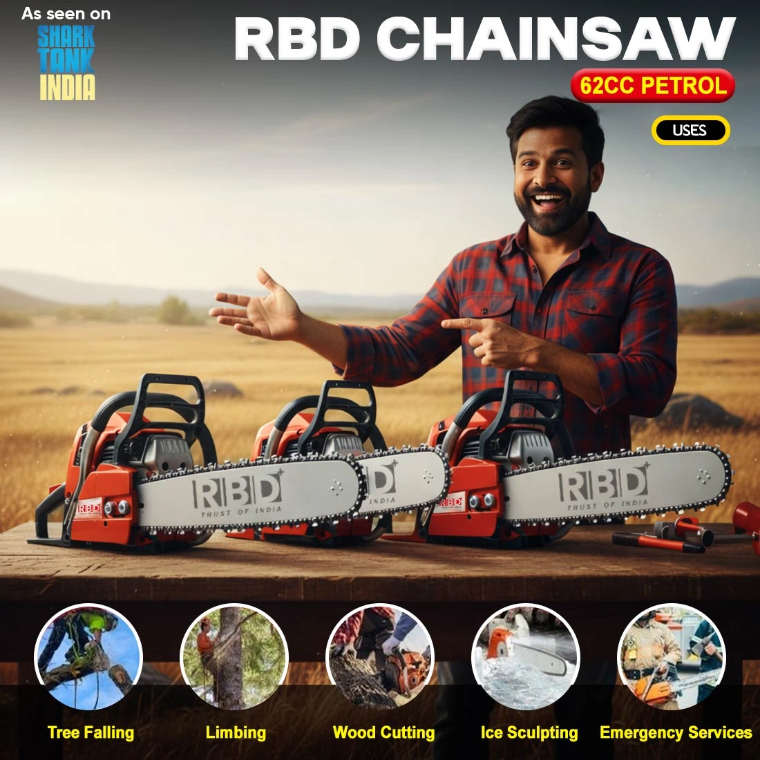 RBD 62cc Petrol Chainsaw | Heavy-Duty Wood Cutter for Tree Work RBD 62cc Petrol Chainsaw | Heavy-Duty Wood Cutter for Tree Work