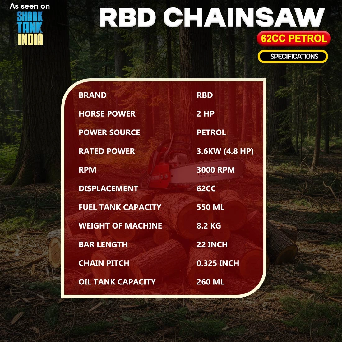 RBD 62cc Petrol Chainsaw | Heavy-Duty Wood Cutter for Tree Work RBD 62cc Petrol Chainsaw | Heavy-Duty Wood Cutter for Tree Work