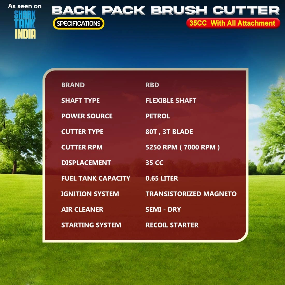 RBD 35cc Brush Cutter Back Pack With All Attachments RBD 35cc Brush Cutter Back Pack With All Attachments